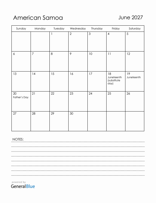 June 2027 American Samoa Calendar with Holidays (Sunday Start)