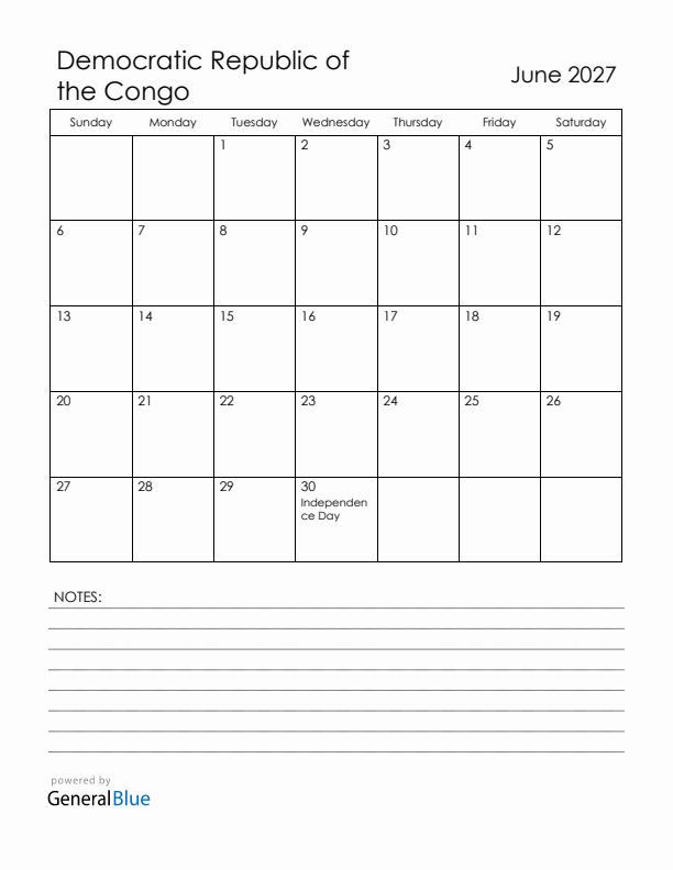 June 2027 Democratic Republic of the Congo Calendar with Holidays (Sunday Start)