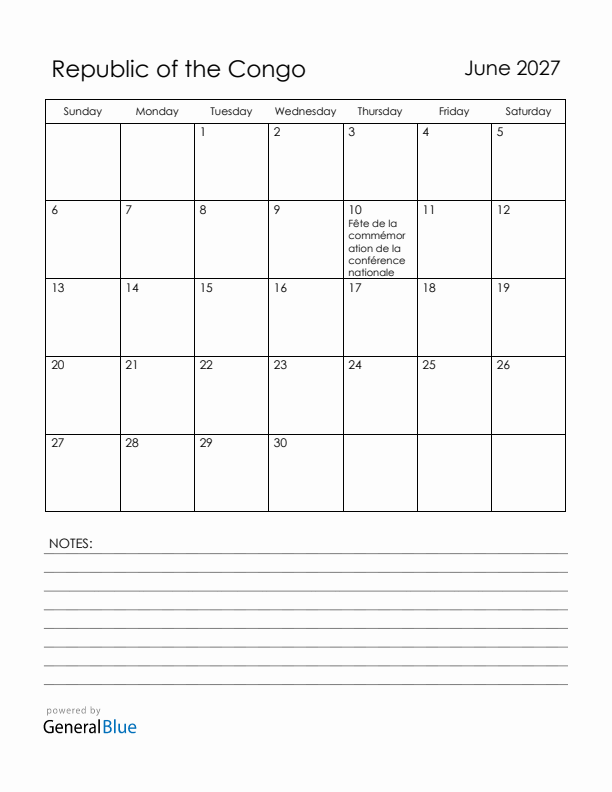 June 2027 Republic of the Congo Calendar with Holidays (Sunday Start)