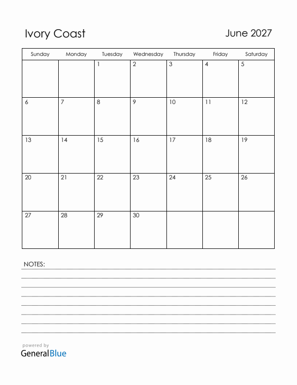 June 2027 Ivory Coast Calendar with Holidays (Sunday Start)