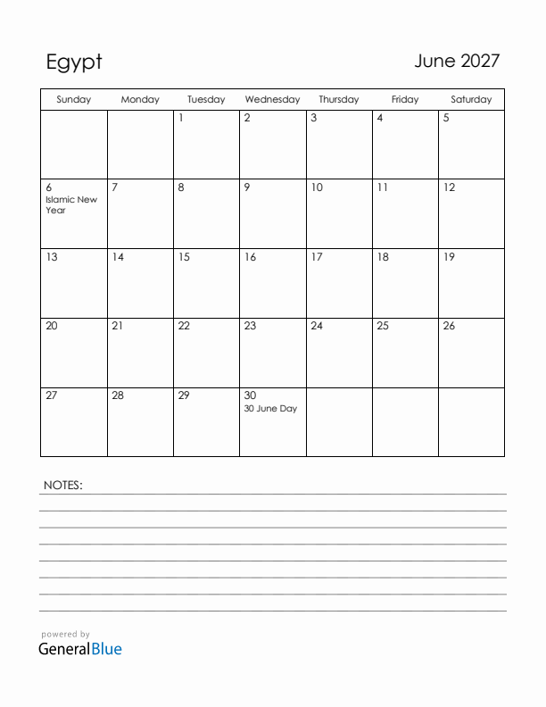 June 2027 Egypt Calendar with Holidays (Sunday Start)