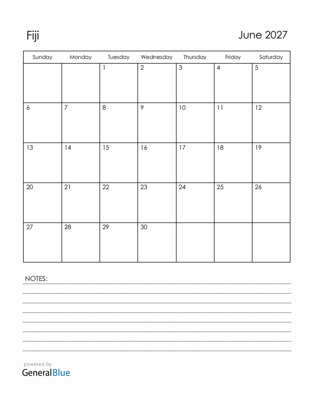 June 2027 Fiji Calendar with Holidays (Sunday Start)