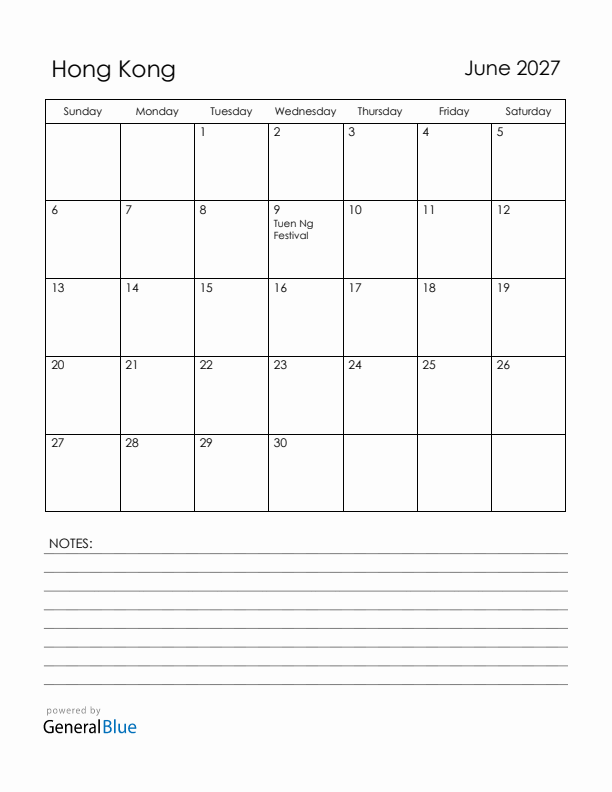 June 2027 Hong Kong Calendar with Holidays (Sunday Start)