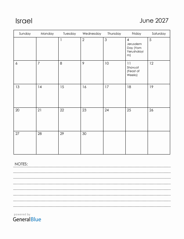 June 2027 Israel Calendar with Holidays (Sunday Start)