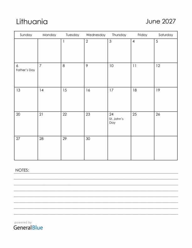 June 2027 Lithuania Calendar with Holidays (Sunday Start)