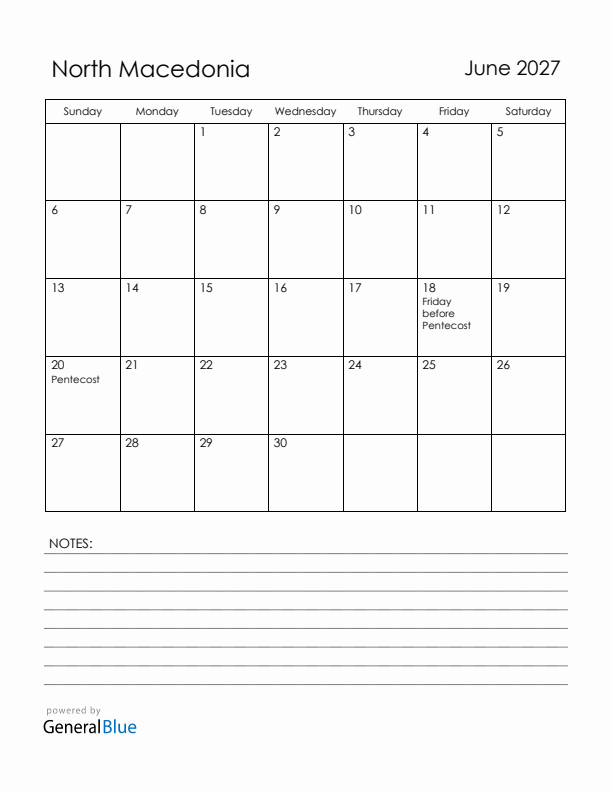 June 2027 North Macedonia Calendar with Holidays (Sunday Start)