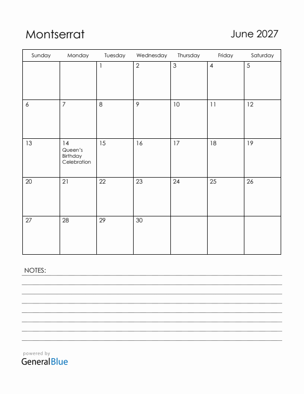 June 2027 Montserrat Calendar with Holidays (Sunday Start)