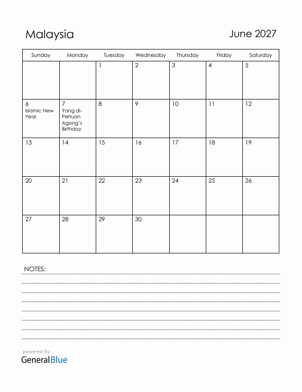 June 2027 Malaysia Calendar with Holidays (Sunday Start)