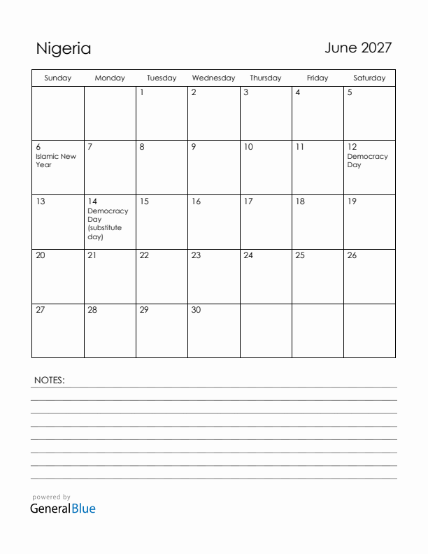 June 2027 Nigeria Calendar with Holidays (Sunday Start)