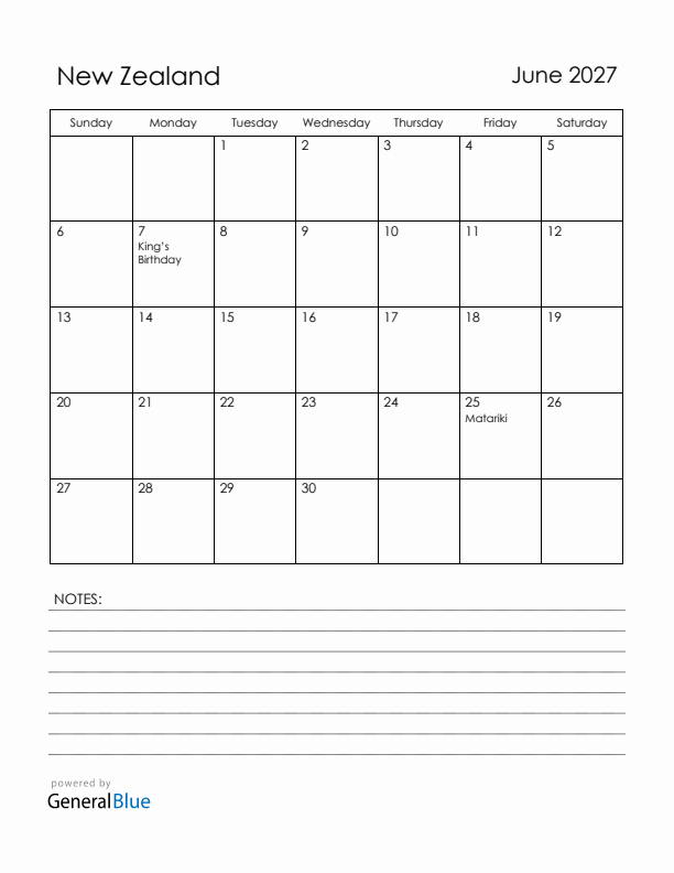 June 2027 New Zealand Calendar with Holidays (Sunday Start)