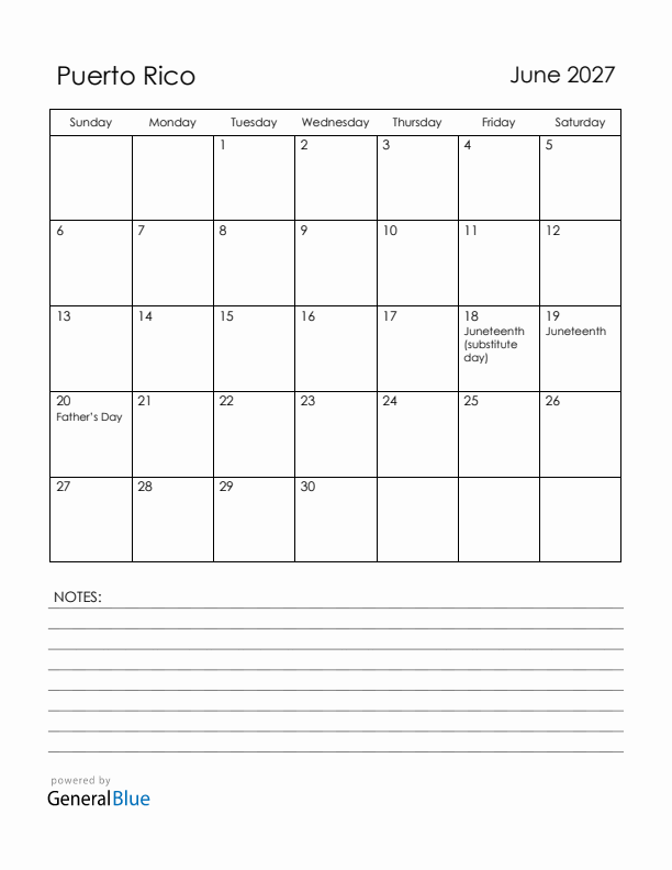 June 2027 Puerto Rico Calendar with Holidays (Sunday Start)