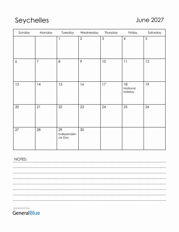 June 2027 Seychelles Calendar with Holidays (Sunday Start)