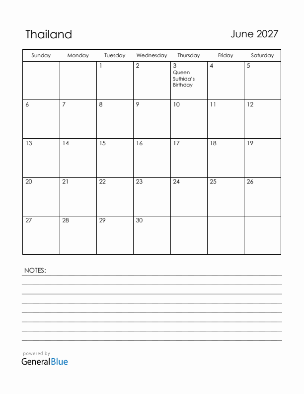 June 2027 Thailand Calendar with Holidays (Sunday Start)