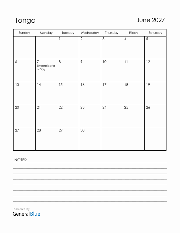 June 2027 Tonga Calendar with Holidays (Sunday Start)