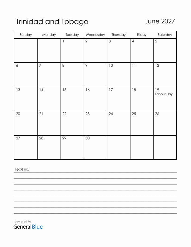 June 2027 Trinidad and Tobago Calendar with Holidays (Sunday Start)