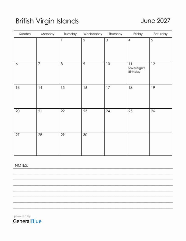 June 2027 British Virgin Islands Calendar with Holidays (Sunday Start)