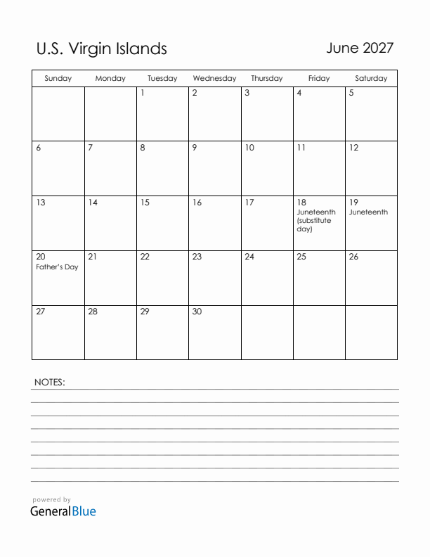 June 2027 U.S. Virgin Islands Calendar with Holidays (Sunday Start)