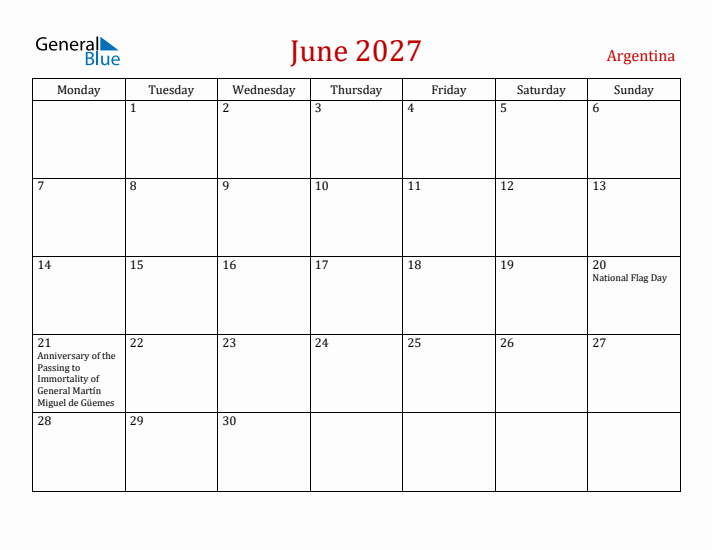 Argentina June 2027 Calendar - Monday Start
