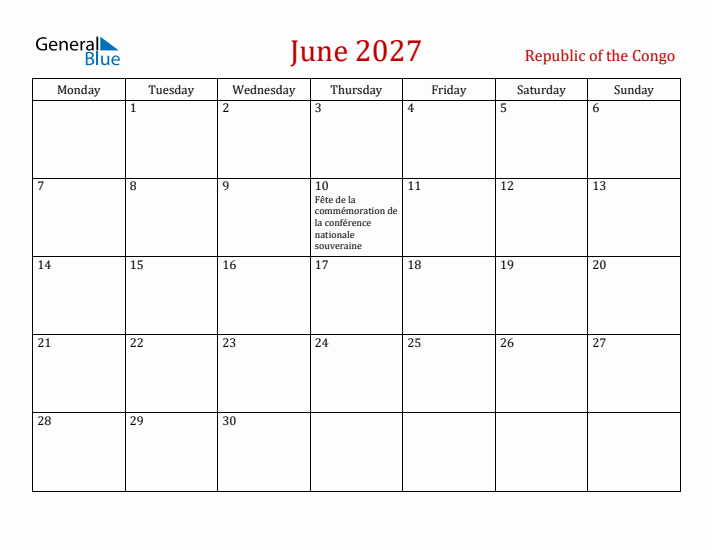 Republic of the Congo June 2027 Calendar - Monday Start