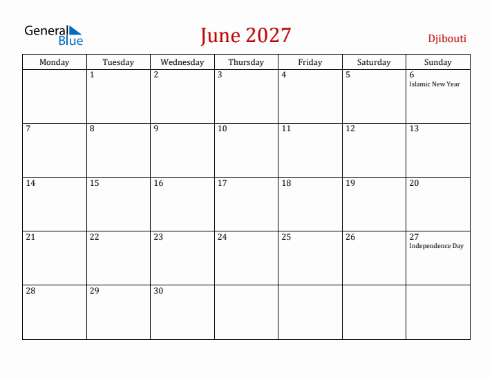 Djibouti June 2027 Calendar - Monday Start