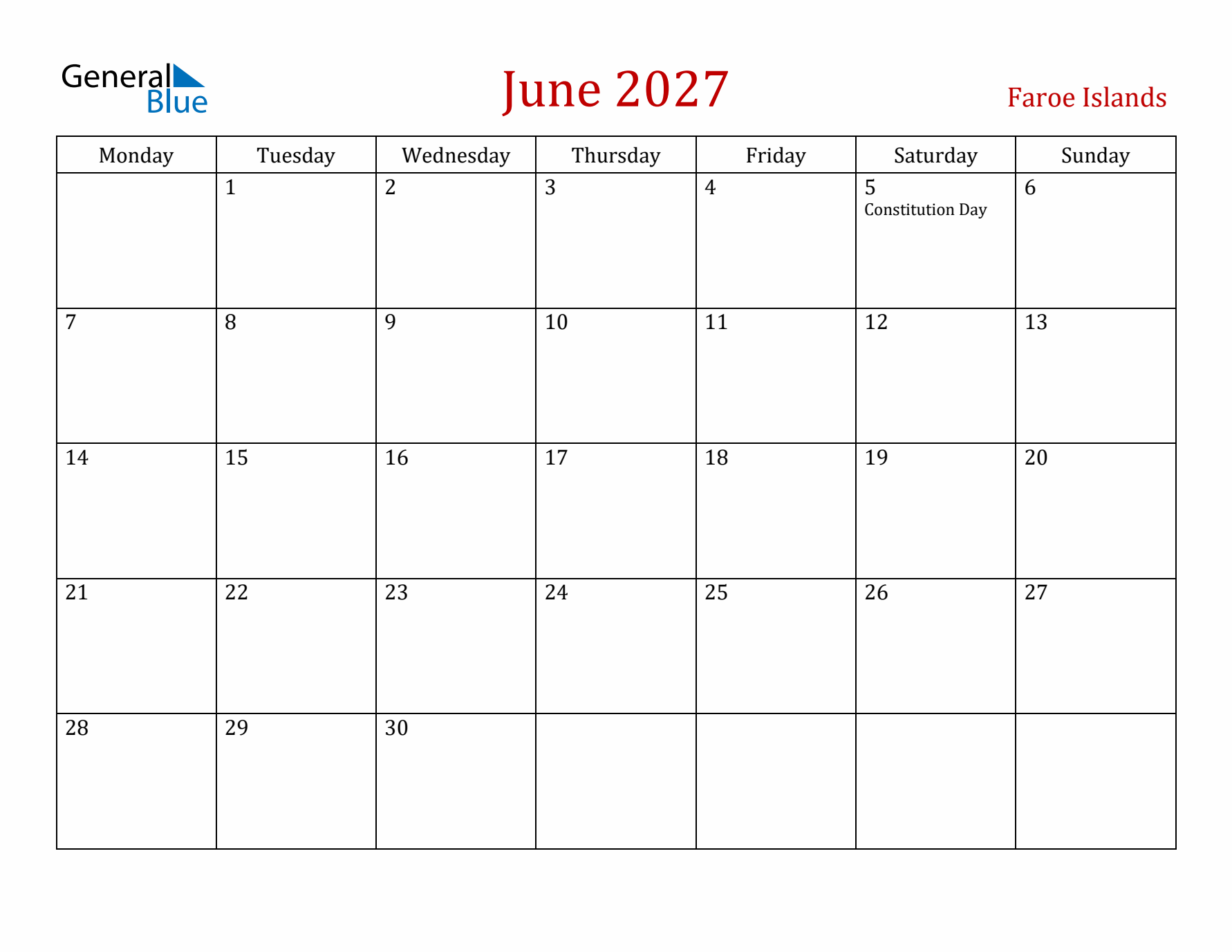 Faroe Islands June 2027 Calendar - Monday Start
