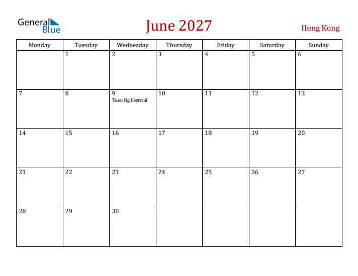 Hong Kong June 2027 Calendar - Monday Start