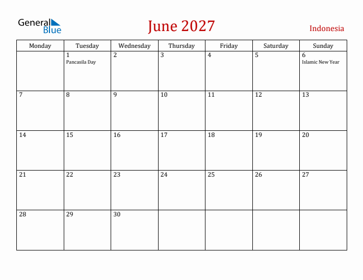 Indonesia June 2027 Calendar - Monday Start