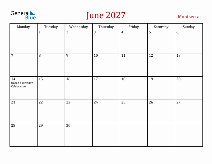 Montserrat June 2027 Calendar - Monday Start