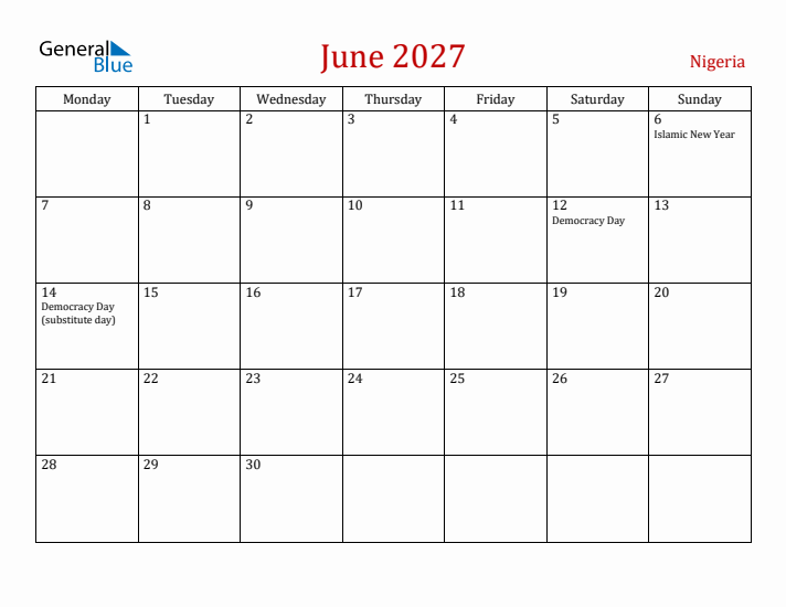 Nigeria June 2027 Calendar - Monday Start