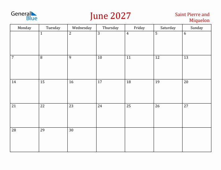 Saint Pierre and Miquelon June 2027 Calendar - Monday Start
