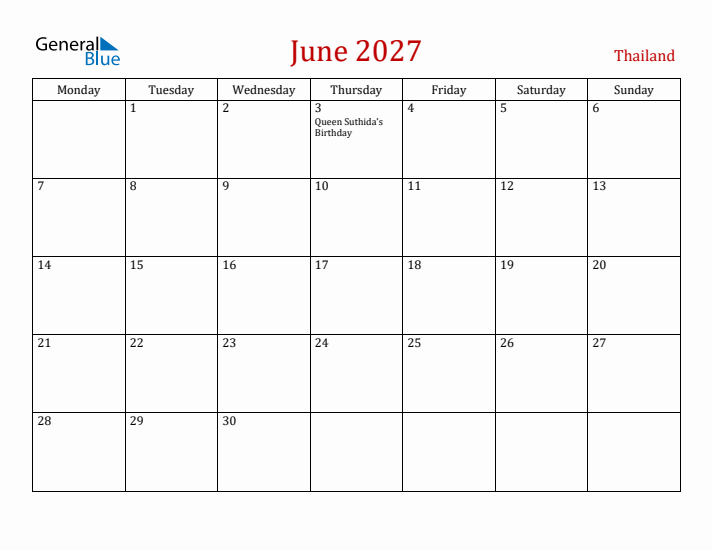 Thailand June 2027 Calendar - Monday Start