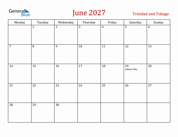Trinidad and Tobago June 2027 Calendar - Monday Start