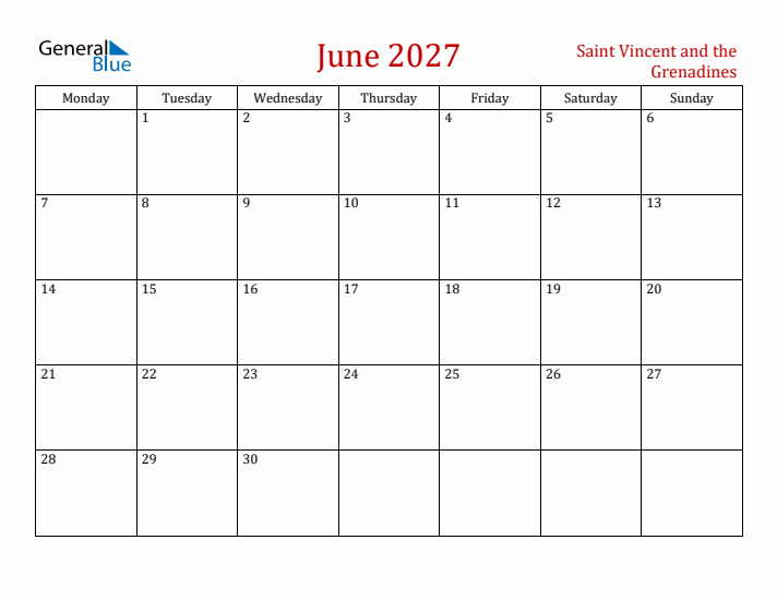 Saint Vincent and the Grenadines June 2027 Calendar - Monday Start