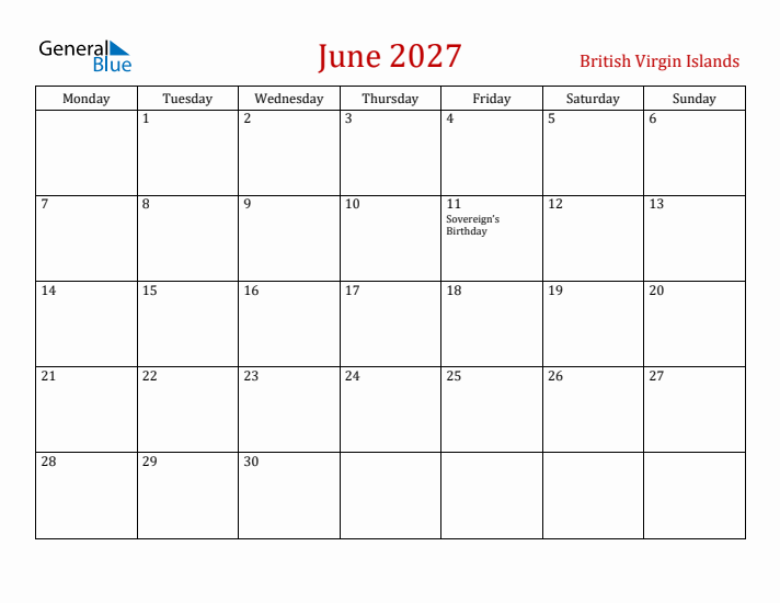 British Virgin Islands June 2027 Calendar - Monday Start