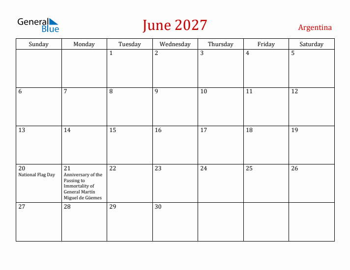 Argentina June 2027 Calendar - Sunday Start