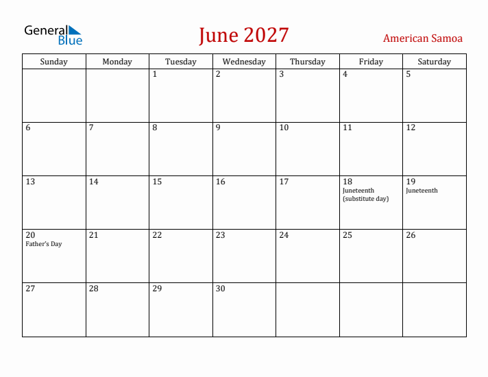 American Samoa June 2027 Calendar - Sunday Start