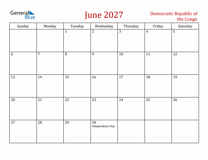 Democratic Republic of the Congo June 2027 Calendar - Sunday Start
