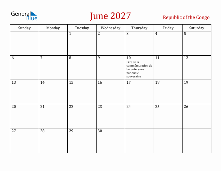 Republic of the Congo June 2027 Calendar - Sunday Start