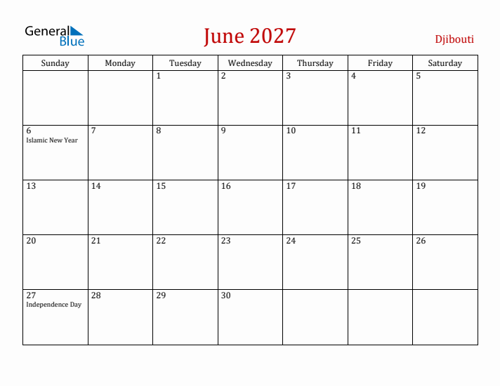 Djibouti June 2027 Calendar - Sunday Start