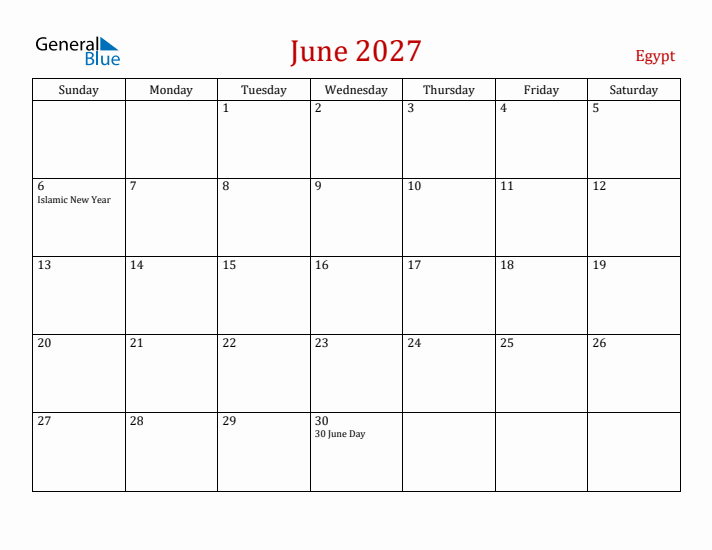 Egypt June 2027 Calendar - Sunday Start