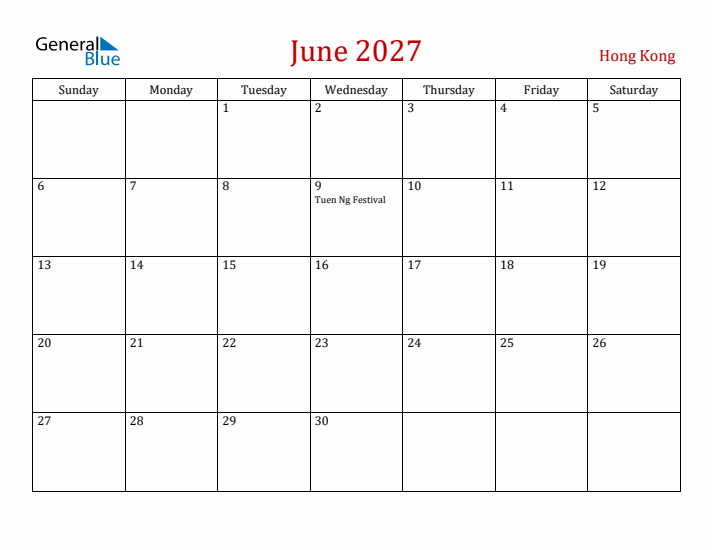 Hong Kong June 2027 Calendar - Sunday Start