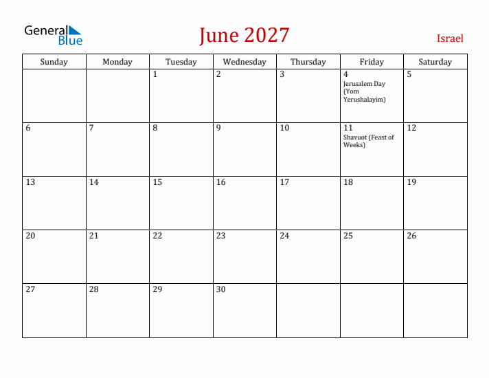 Israel June 2027 Calendar - Sunday Start