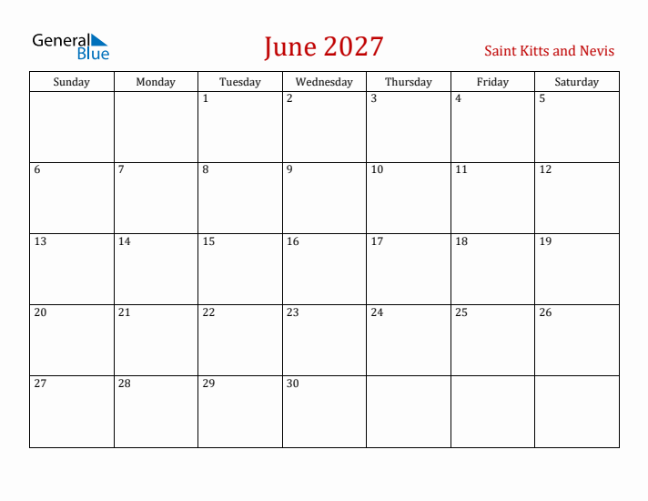 Saint Kitts and Nevis June 2027 Calendar - Sunday Start