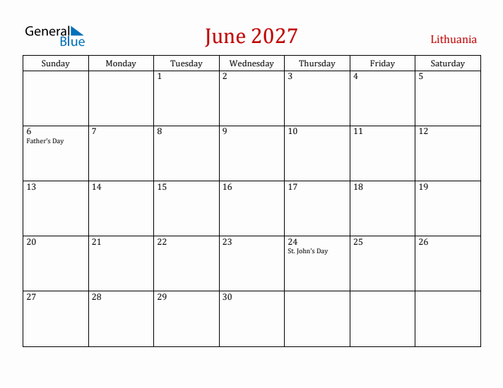 Lithuania June 2027 Calendar - Sunday Start