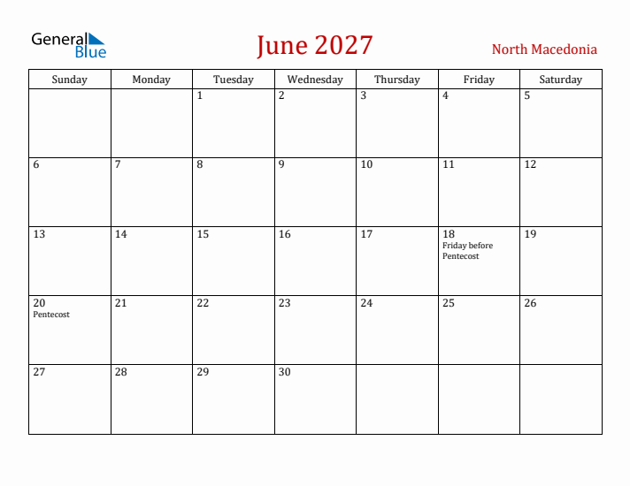 North Macedonia June 2027 Calendar - Sunday Start
