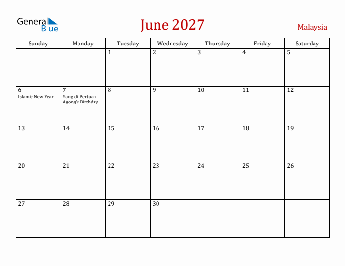 Malaysia June 2027 Calendar - Sunday Start