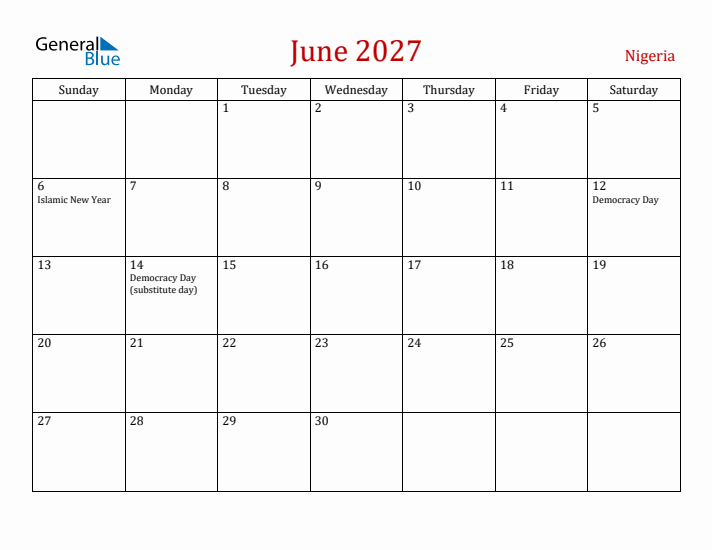 Nigeria June 2027 Calendar - Sunday Start