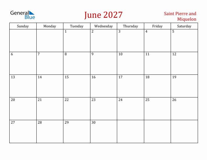 Saint Pierre and Miquelon June 2027 Calendar - Sunday Start