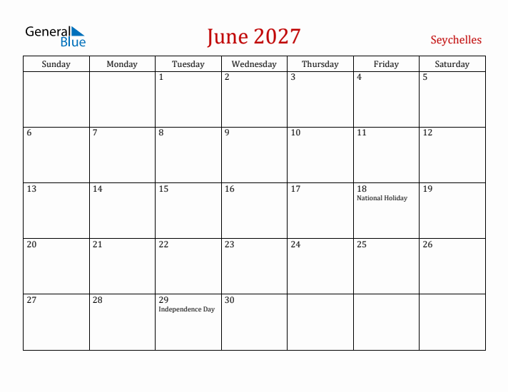 Seychelles June 2027 Calendar - Sunday Start