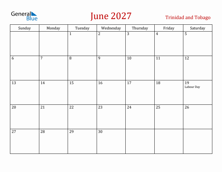 Trinidad and Tobago June 2027 Calendar - Sunday Start